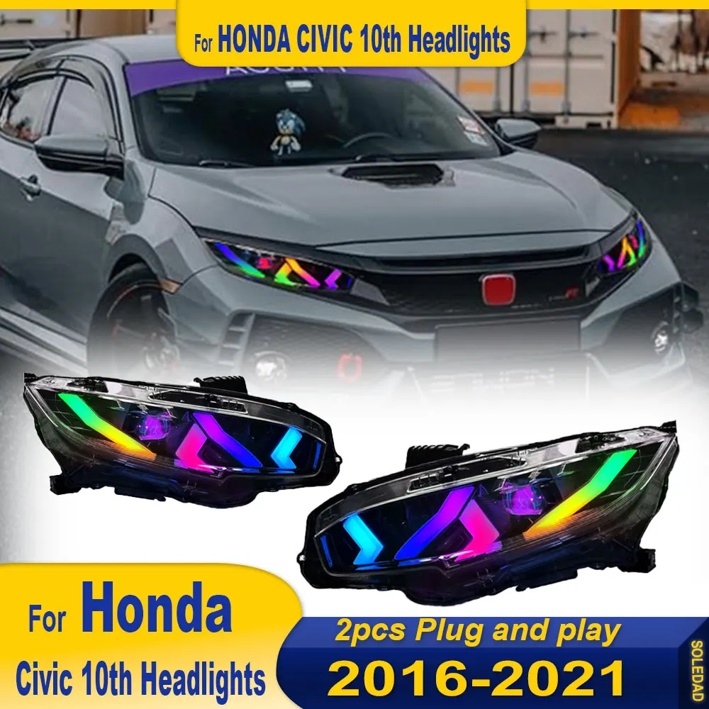 2PCS Car Lights For Honda civic Headlight 2016-2021 LED RGB Projector headLamp Daytime Running Light Automotive Accessories