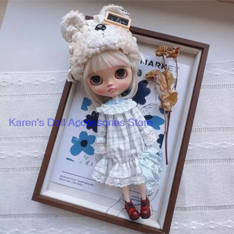 2pcs kawaii Blue checkered dress+bear hat for Blythe/landoudou(Fit for Lulu,ymy24,Ob22,24,26,zone, Jenny)