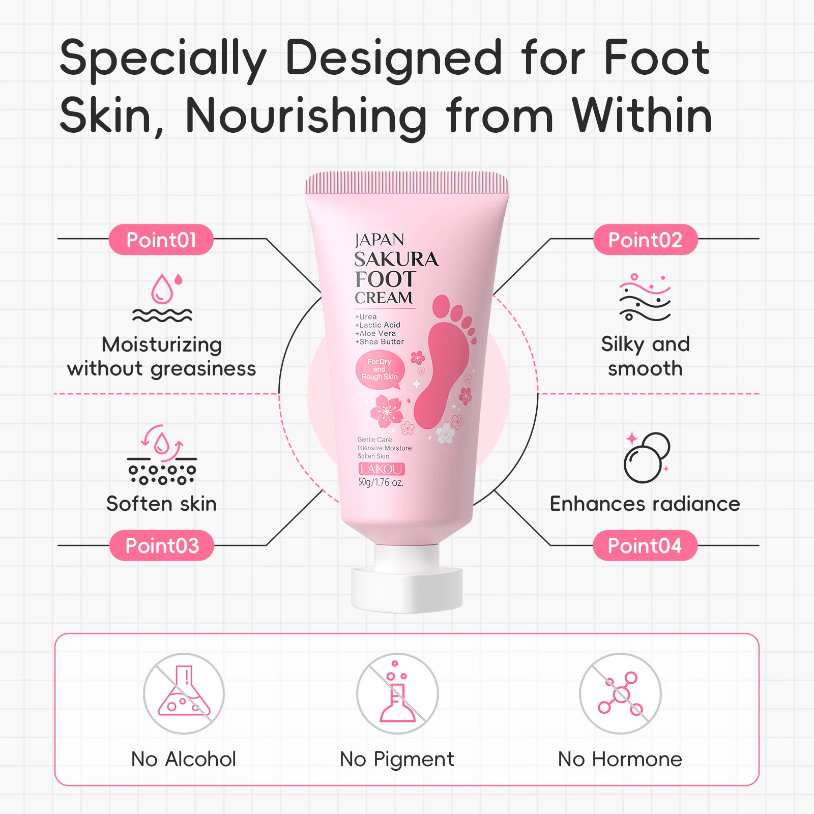 

LAIKOU Japanese Sakura Foot Care Cream, Intense Moisturizing Nourishing Balm for Dry Skin, Softening Heel Treatment 50g