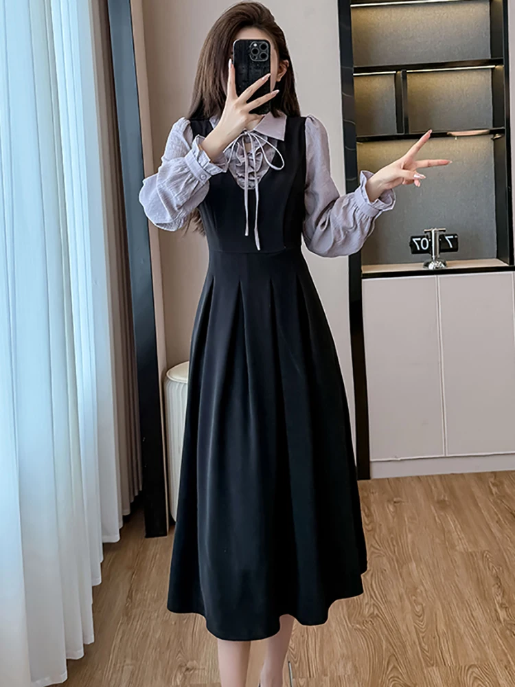 Robe longue noire en Patchwork pour femmes, manches longues, col Polo, avec nœud, élégante, moulante, Vintage coréenne, automne hiver, 2025