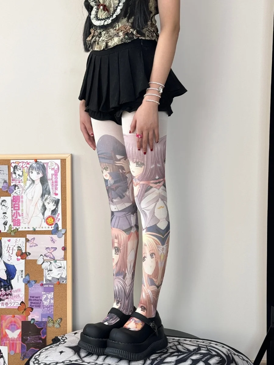 Lolita Socks Women's Velvet Printed Pantyhose Japanese Sweet Cute Cotton Pantyhose Tights Stockings Black