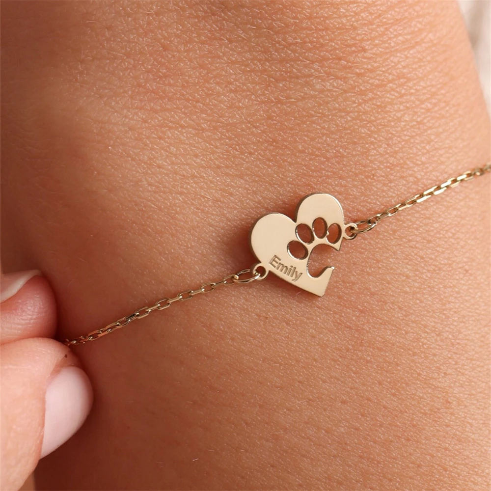 Custom Hollow Paw Print Name Bracelet Personalized Plated Gold Stainless Steel Bracelet Minimalism Pet Customized Gift