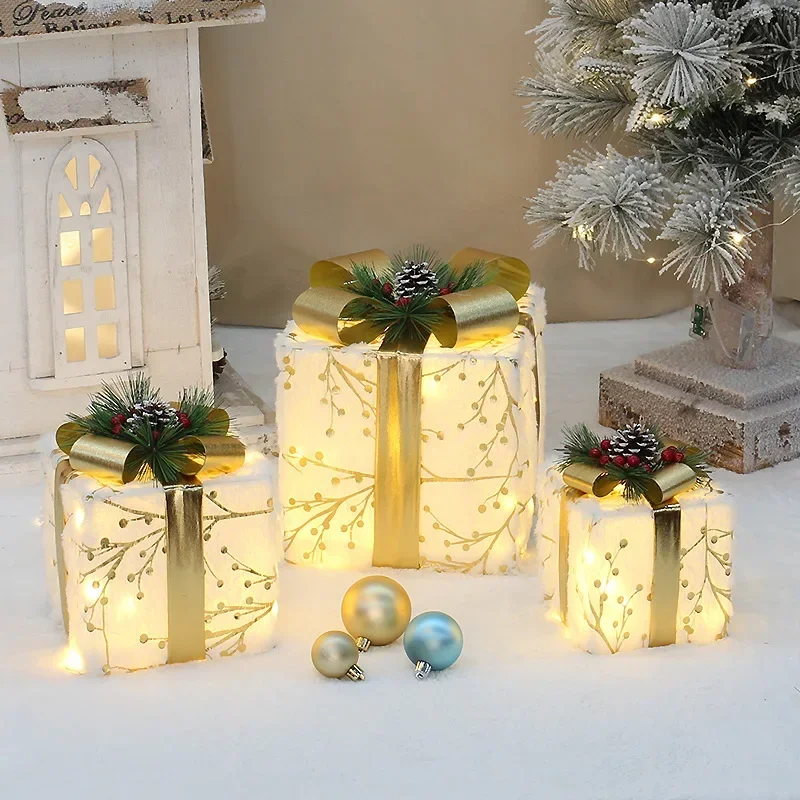 3/4pcs Set Hollowed Out Christmas Decoration Led Gift Box with Bow Lights Iron Box Art Home Outdoor Mall Gift Home Party Supplie