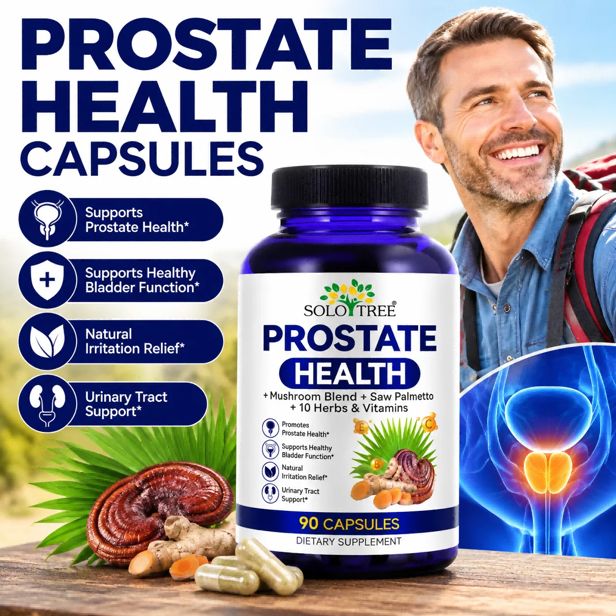 SOLOTREE Prostate Health Supplement Capsules Anti Fatigue Antioxidant Provide Energy Promote Urinary Tract Health for Man 90 Pcs