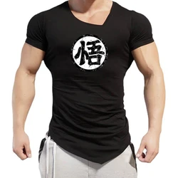 Japanese Anime Logo Wu Font Funny Printing Oblique V-Neck Summer Fashion Mens T Shirt Casual Short Sleeve T-shirt Gym Clothing