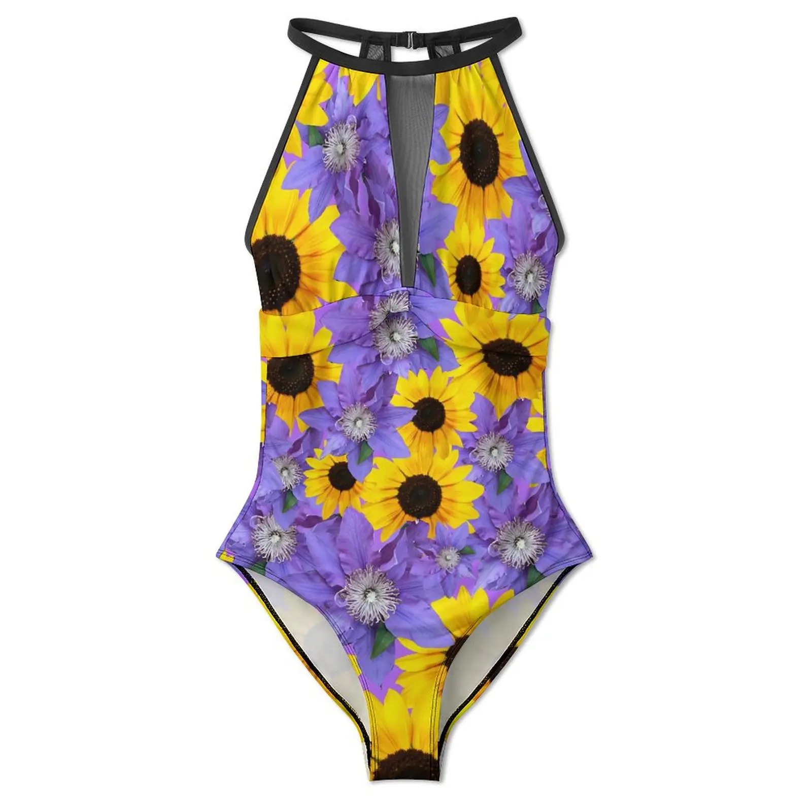 Sunflower Print Swimsuit Sexy Purple Floral One Piece Swimwear Push Up Swimsuits Fashion Holiday Pool Beach Wear