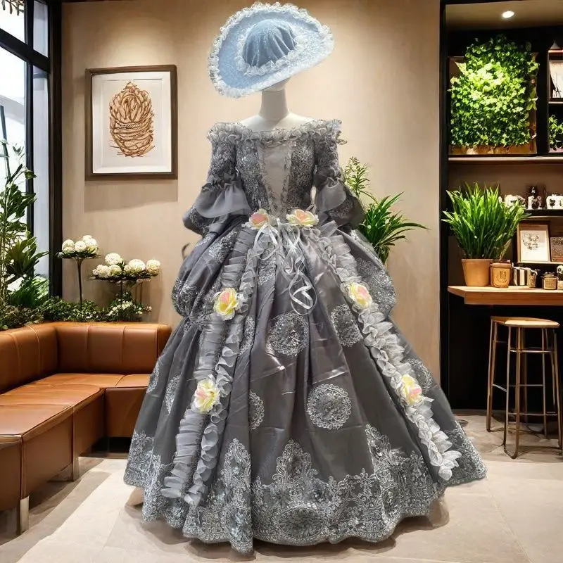 

Grey Shoulder Russian Princess Court Dress Heavy Industry Performance Stage Drama Travel Photography Tea Party Vestido Gala Luxo