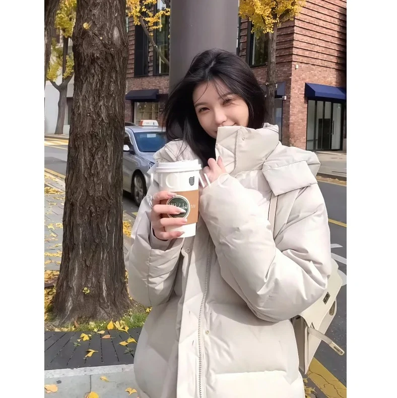 سترة نسائية قصيرة منتفخة، معطف شتوي بغطاء للرأس بخمسة شبكات دافئة، DuPont 3-Proof Traceable Samsung 90 Bread Style #1