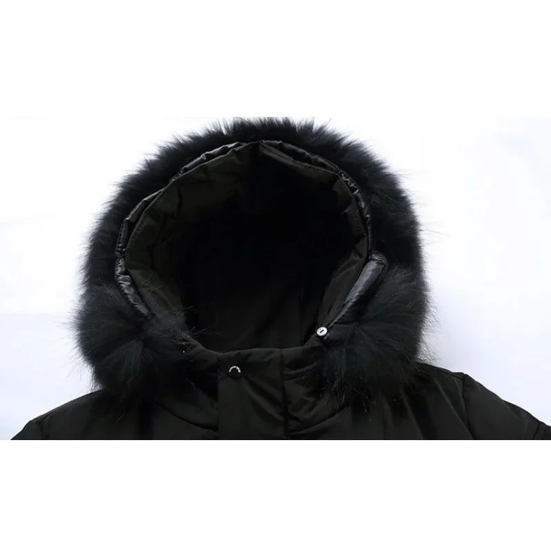 Jaqueta de parka solta de comprimento médio masculina, jaqueta de pato branco, casaco grosso, outwear bonito quente, casaco de tendência com capuz,