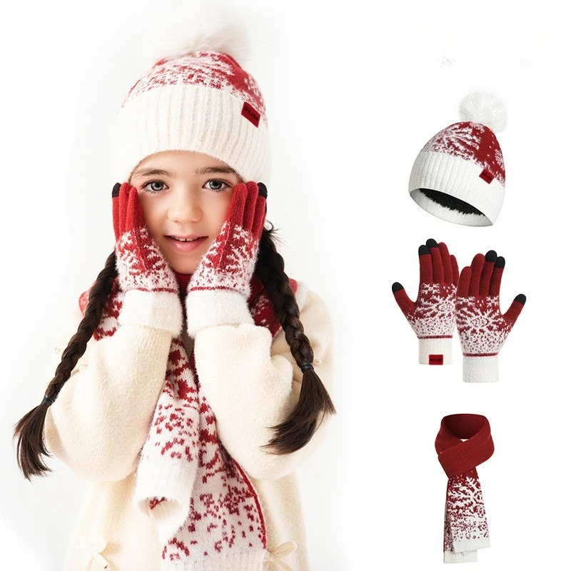Kids Winter Hat Scarf Gloves Set, Pom Pom Beanie Touch Screen Gloves Long Scarf, Boys Girls Outdoor Thermal Warm Accessories