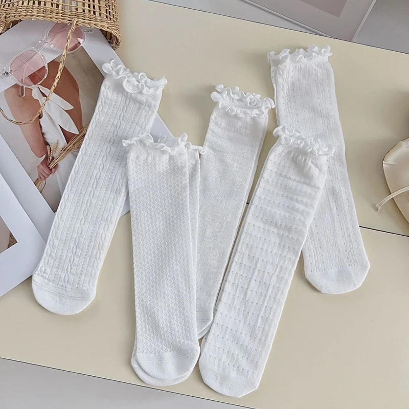 

5 Pairs New White Ruffle Socks Women Summer Harajuku Cotton Middle Tube Breathable Female Solid Color Casual Simple Socks Thin