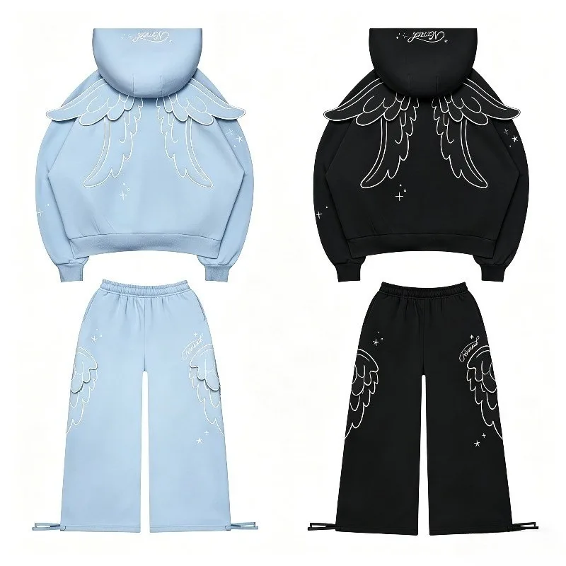 

Y2K Retro Harajuku Angel Wings Hoodie Set Pastel Blue Black Oversized Sweatpant Fashionable Men Women Streetwear Matching Outfit