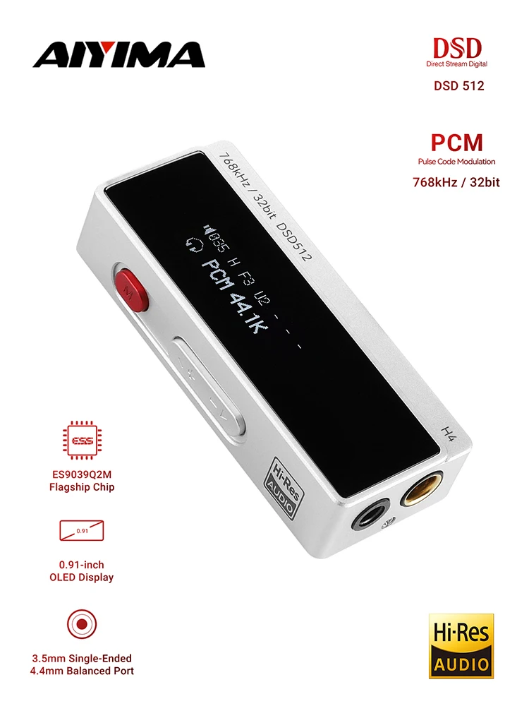 AIYIMA H4 HIFI Przenośny Wzmacniacz Słuchawkowy USB DAC AMP ES9039Q2M PCM768 DSD512 Wyjście Zbalansowane 4.4mm / Jack 3.5mm Wyświetlacz OLED — zdjęcie produktu 7