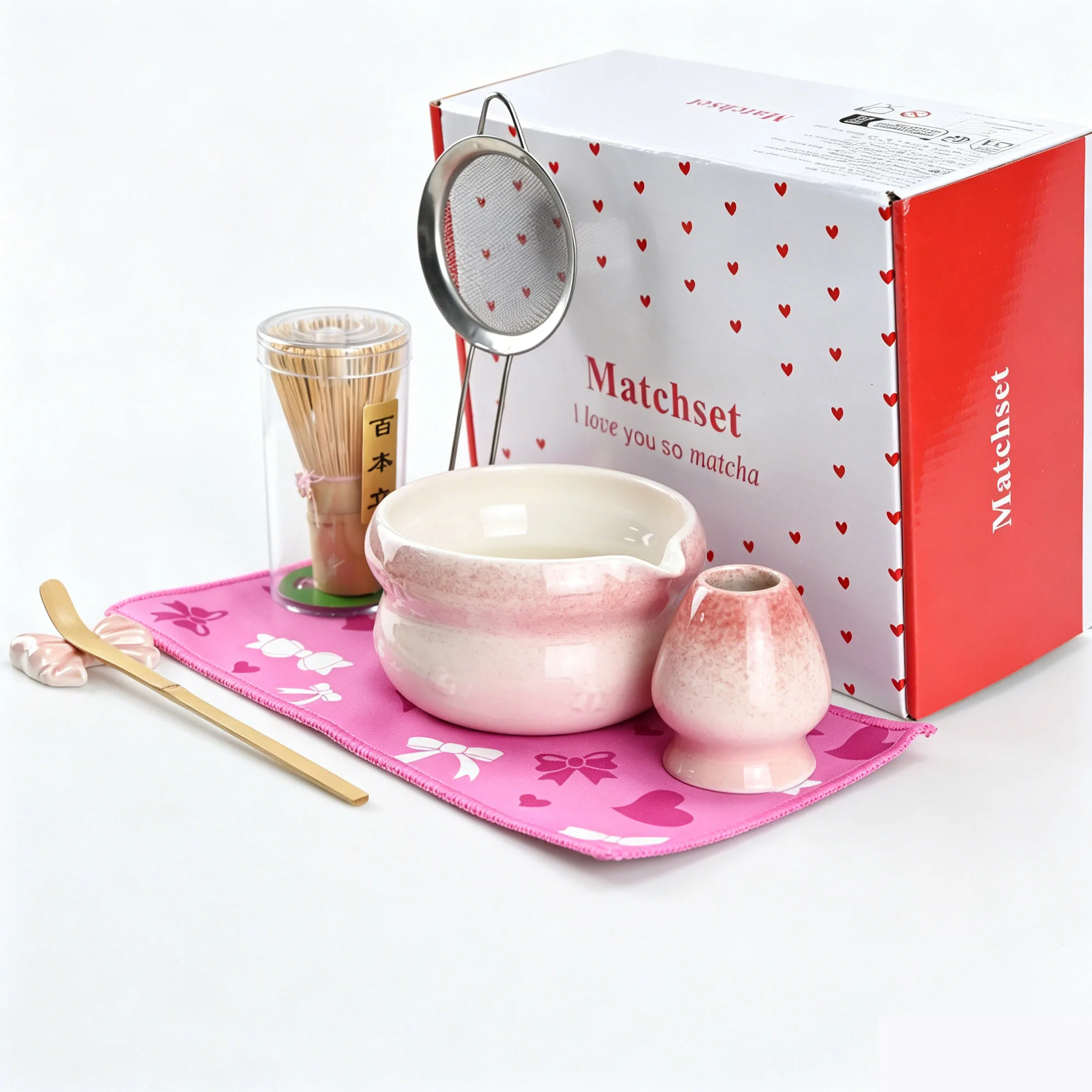 4PCS/5PCS/7PCS/8PCS Pink Gradient Matcha Tea Set, Japanese Matcha Bowl with Pouring Spout, Bamboo Whisk & Sieve Complete Kit for