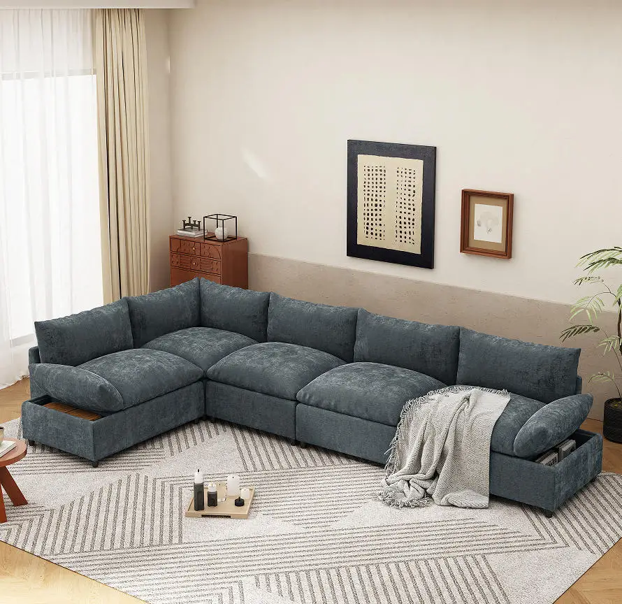

！@115.5" Modular Convertible Deep Gray Sectional Sofa Set Durable Polyester Upholstery Plush Cushions Hidden Storage Hotel