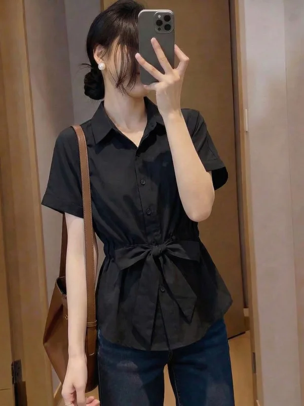 

Elegant Black V-Neck Short Sleeve Shirt Women's plus Size Fitting Waistband Summer New Style Korean Loose Fit Office Wear