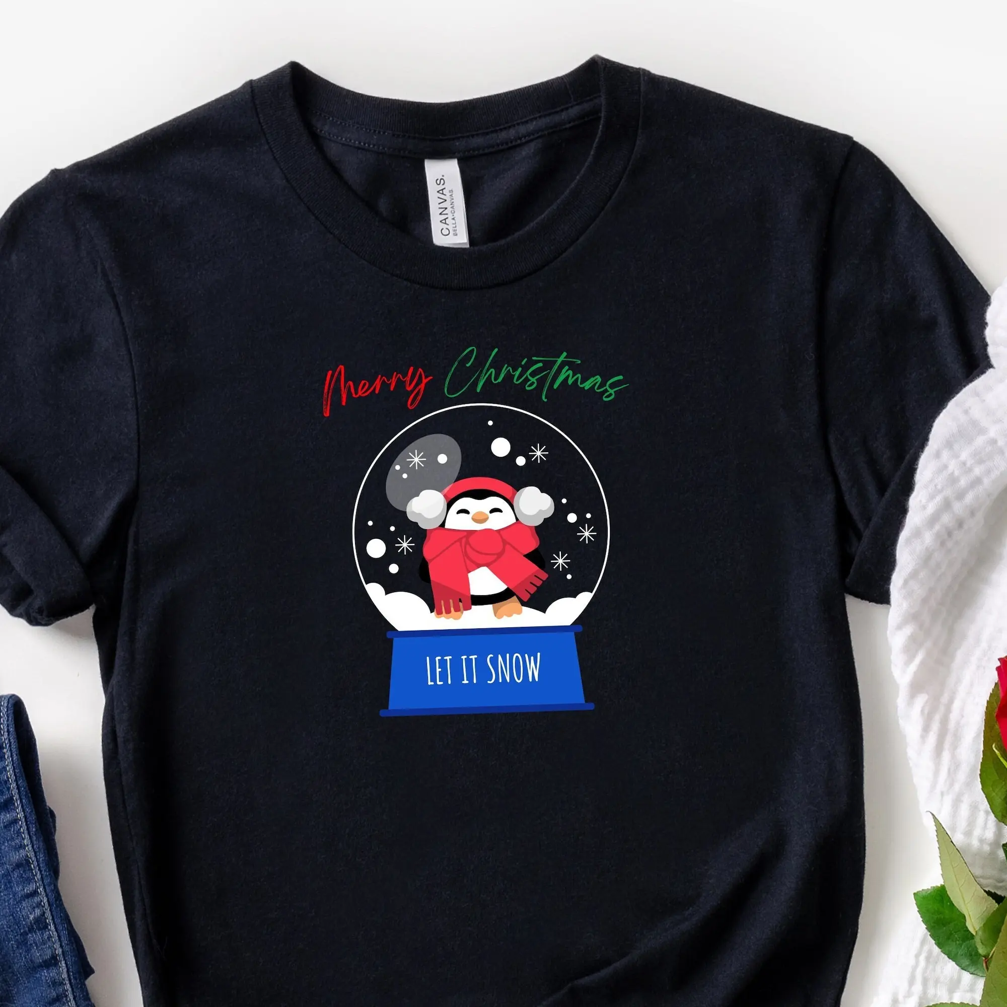 Merry Christmas Let It Snow Penguin T Shirt Snowball Cute S