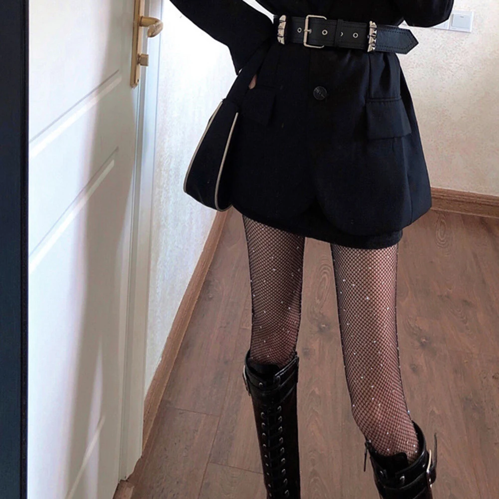 

Summer Women Sexy Hollow Fishing Net Socks Shiny Rhinestone Pantyhose Tights Black White Color Stockings