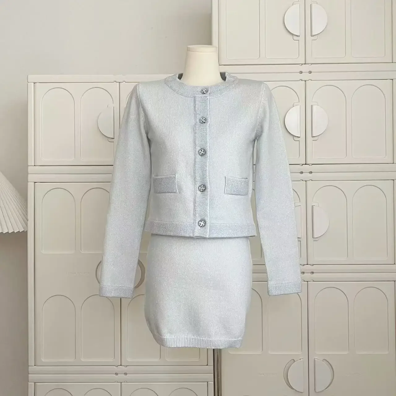 

Korean Fashion Autumn New Women Two Piece Skirt Sets Elegant O Neck Long Sleeve Cardigans + High Waist A Line Mini Skirt Outfits