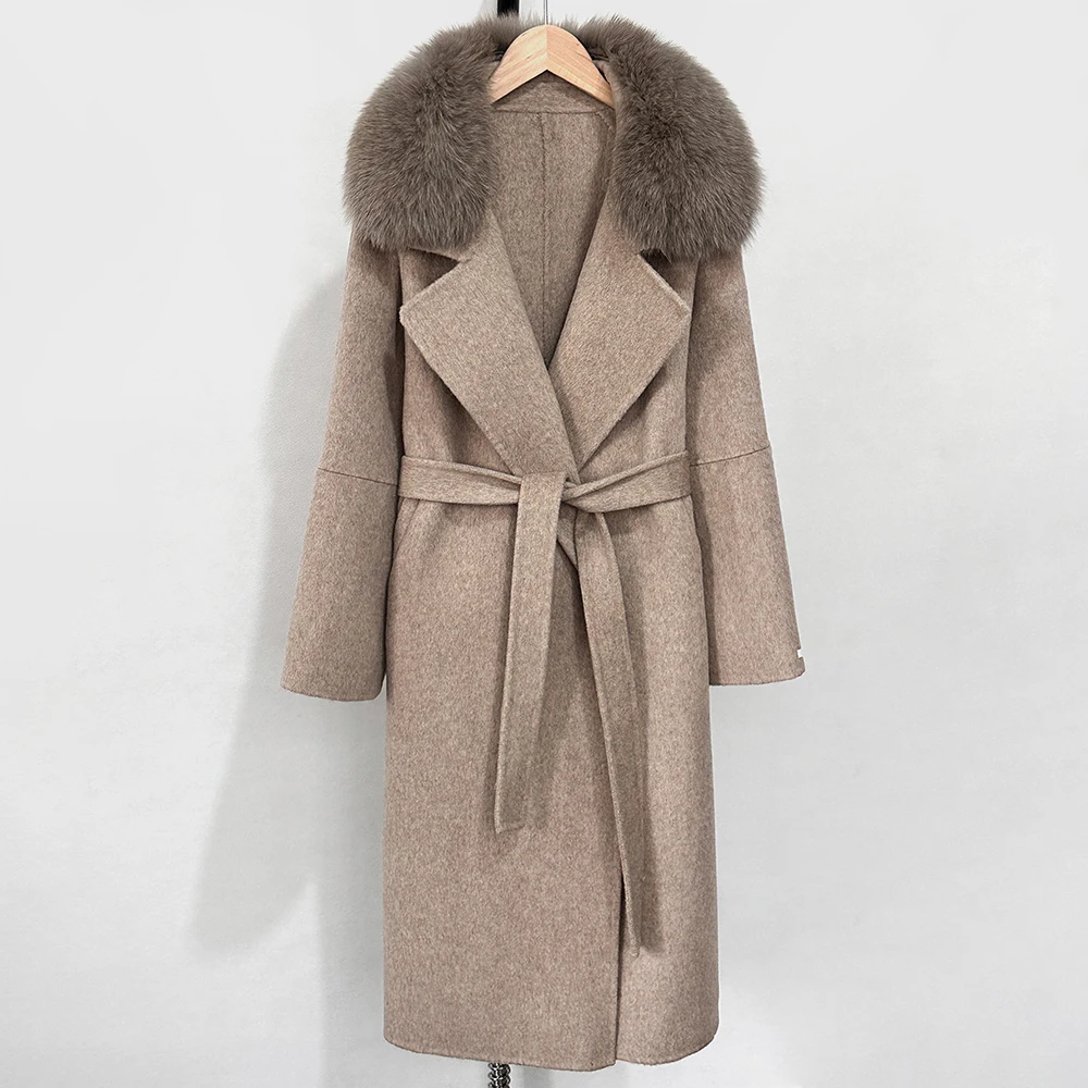 OFYBUY Modischer Warmer Wollmantel mit Echtfuchspelzkragen, Neue Herbst-Winter-Langkleidung für Damen, Eleganter Wollmantel mit Gürtel für Frauen – Detail 34