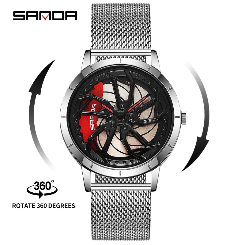 SANDA P1086 2023 Men\'s Wheel Rim Hub Watch Sport Car Men Quartz Watches Waterproof Creative Mesh Luminous Clock relogio masculio