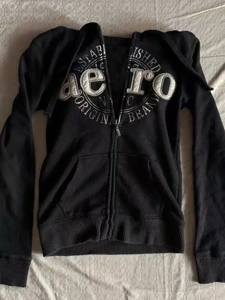 Chaqueta retro americana, sudaderas con capucha negras de diseño vintage para mujer, Sudadera con capucha informal para mujer, tops y2k de otoño,