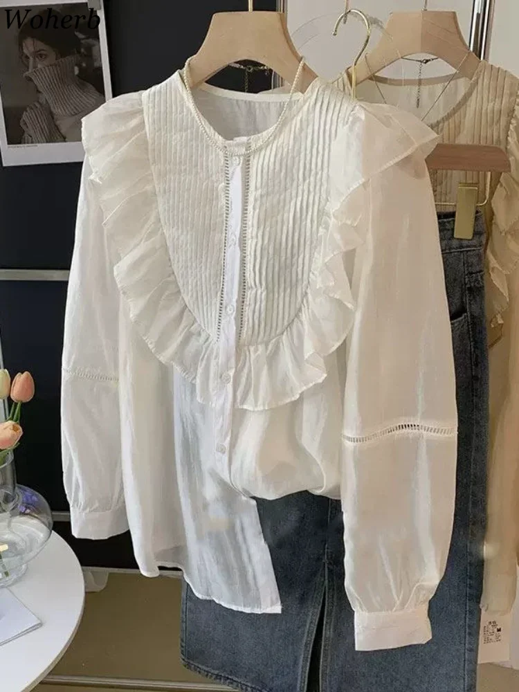 Blouse for Women Pleated Ruffled White Shirts 2024 Blusas Mujer De Moda O-neck Long Sleeve Sweet Tops  Summer Thin Blouses