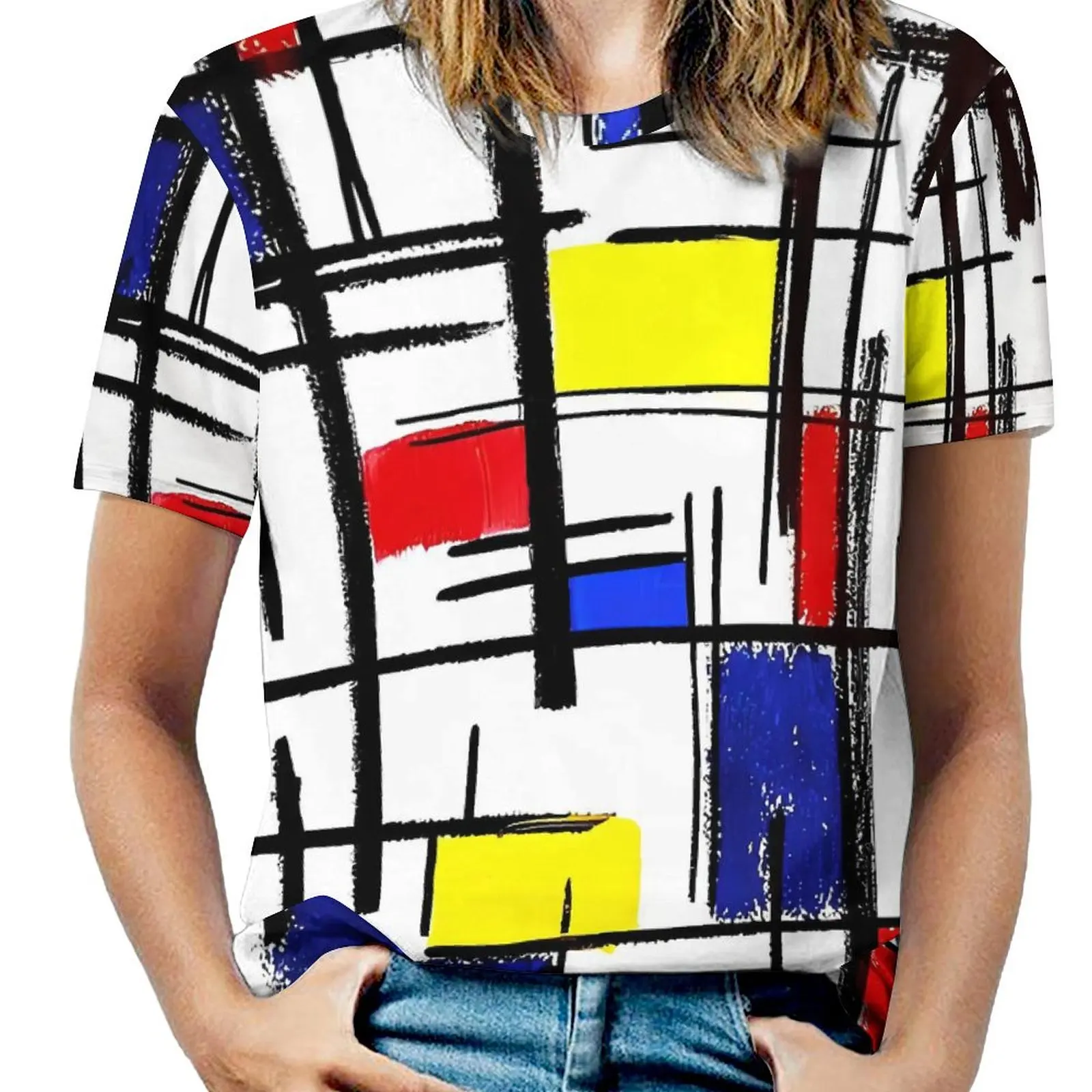 Mondrian T Shirt De Stijl Modern Art Elegant T-Shirts Short-Sleeve Casual Tshirt Sexy Custom Tees 4XL 5XL 6XL