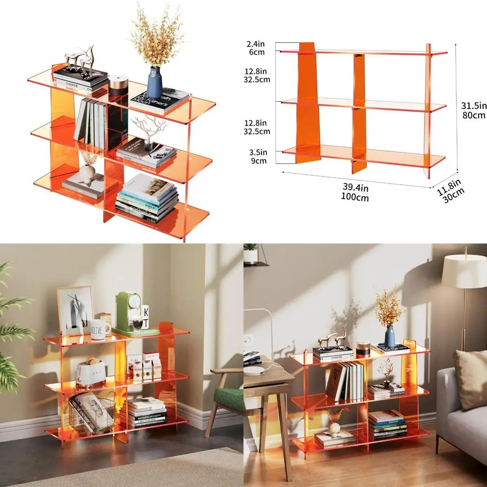 

Compact 3-Tier Acrylic Bookshelf for Small Spaces, Ideal as a Sofa Side Table or Entryway Table in Living Rooms (Orange)