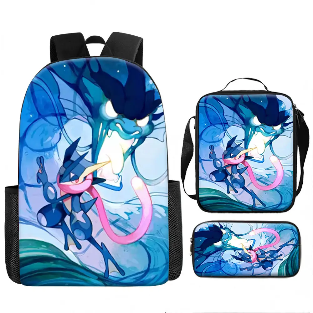 Pokémon 3-teiliges Rucksack-Set mit Anime-Aufdruck, atmungsaktive Umhängetasche, Lunchbox, Federmäppchen für Jungen und Mädchen, Schule