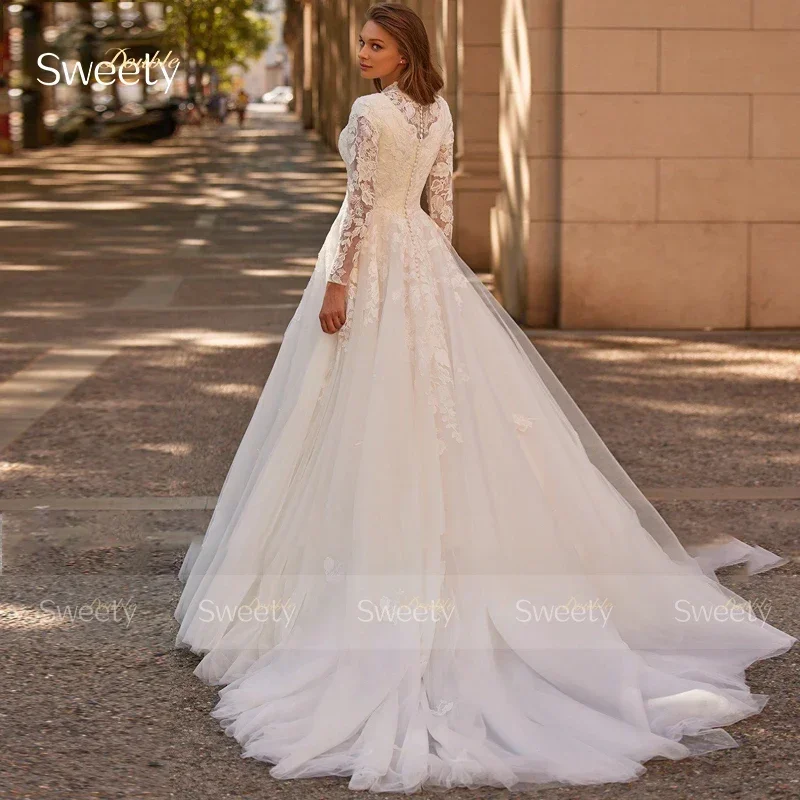 Luxury High-Neck Wedding Dress Organza With Embroidery Lace A-Line Ball Gown Full Sleeve Bride Dress Button Robe De Mariee Appli