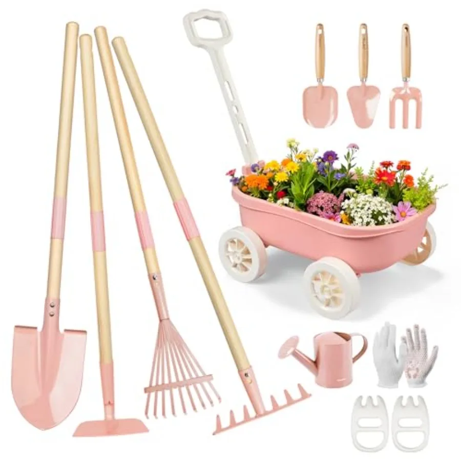 Gardening Set with Wheelbarrow, 11-Piece Outdoor Yard, Beach, STEM Garden Play Kit with Child-Sized Tools, Durable, Safe and Fu