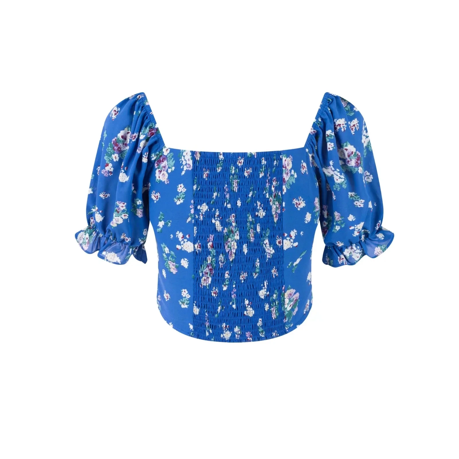 Americano retro gola quadrada dstring bolha sve férias topo azul floral ort sve irt verão doce sle fino ajuste