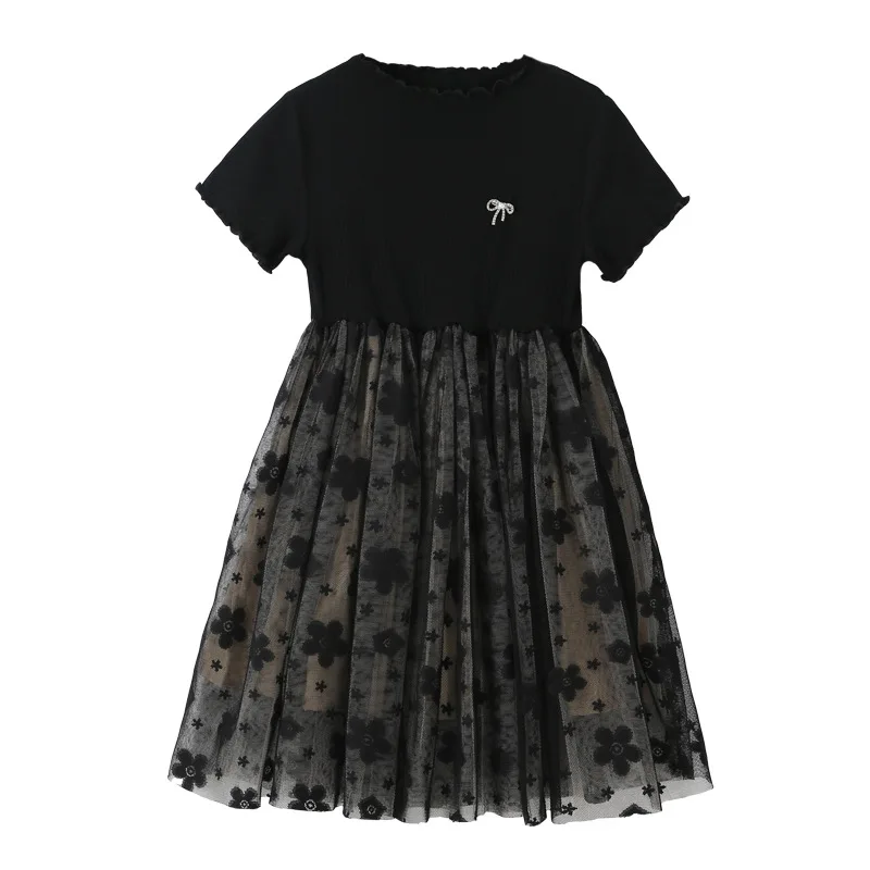 2026 Summer Girls party princess PATCHWORK short sleeve flower mesh lace layered Dress Teens Clothes Toddler 4 to 10 12 year