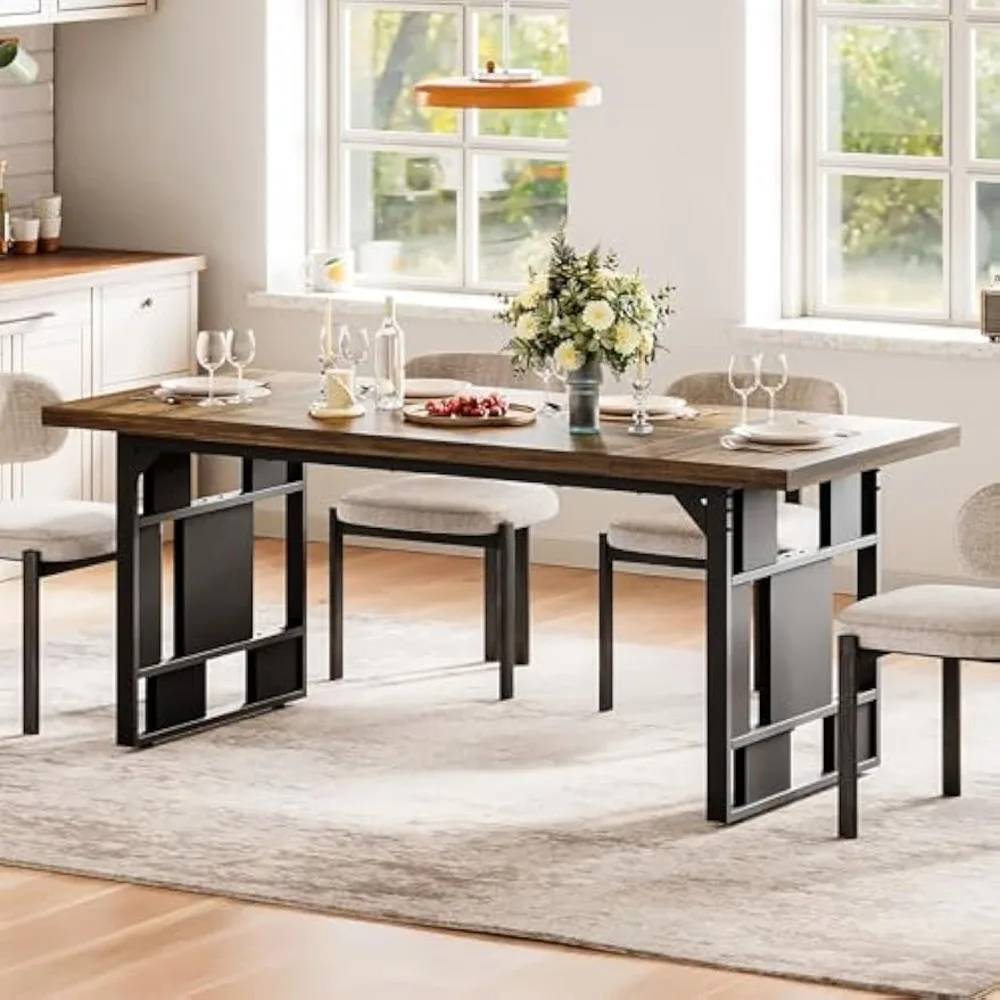 

71'' Large Dining Table for 6 People, Farmhouse Kitchen Table with Metal Frame, Rustic Style Wood Rectangular Dinner Eating Tabl