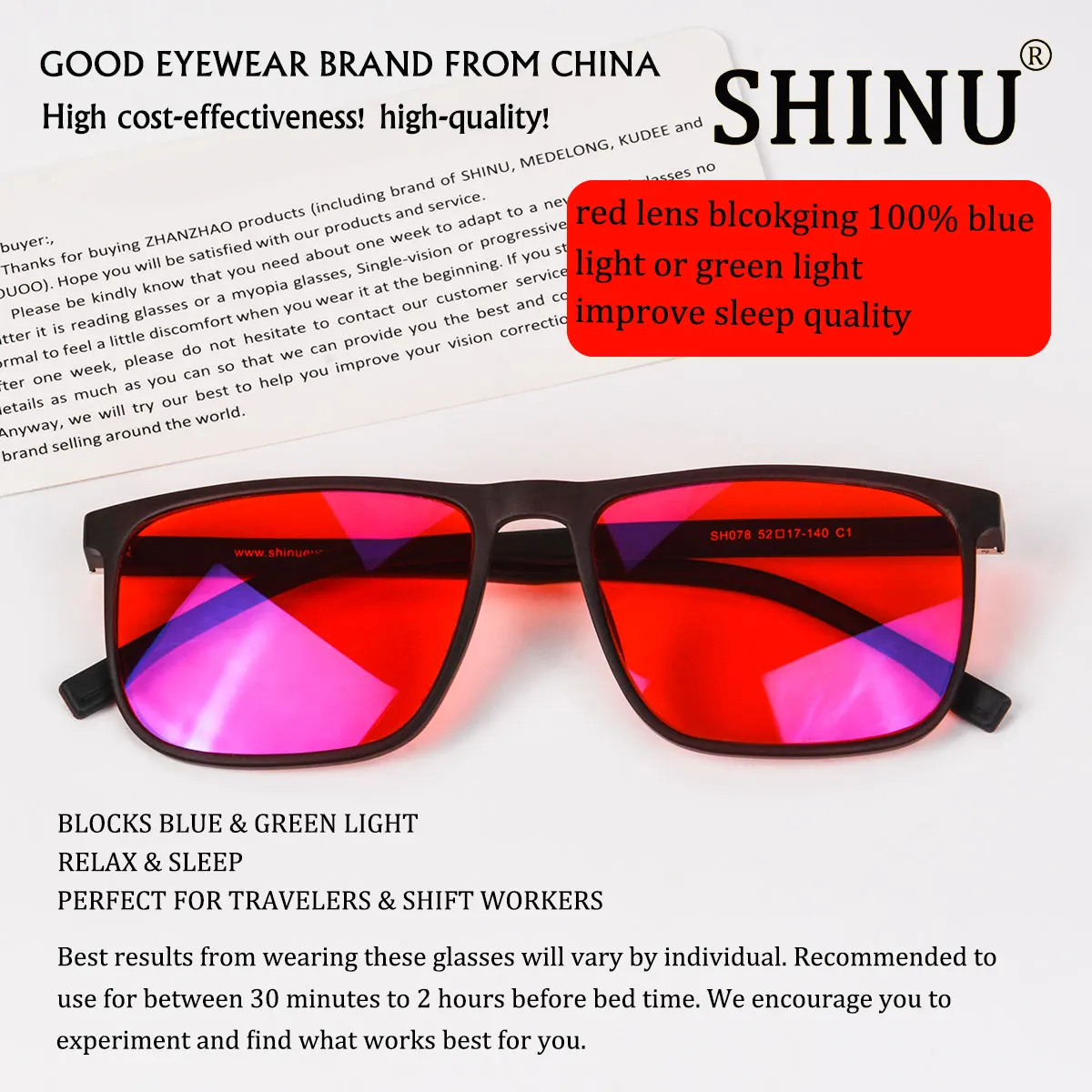SHINU Good Sleep Blaulicht-blockierende Brille für Herren, rote Gläser, Anti-Grünlicht, beseitigt die Belastung der Augen, kann individuell angepasst werden – Detail 7