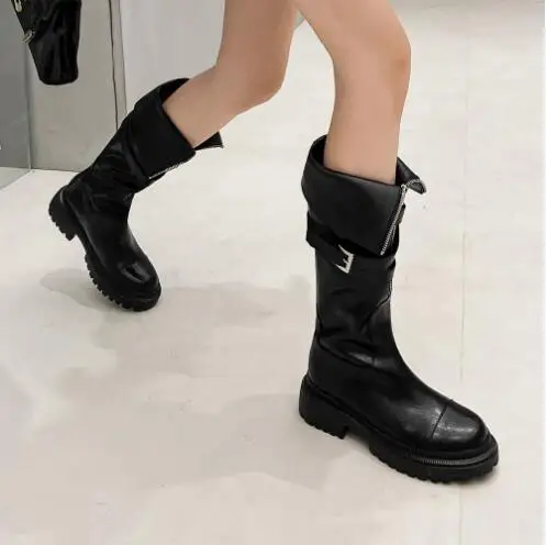 Fashion Girls Black Cow Real Leather Round Toe Patchwork Zipper Front Belt Buckle Fold 5 CM Heels Knee High Knight Boots Shoes