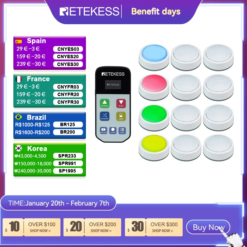 Retekess TM102 Wireless Quiz Answer Game Buzzer System 3 Answer Modes 4 Color States For Competition Game Show Family Party Game