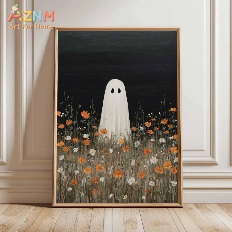 Ghost in Orange Wildflower Meadow, Halloween Canvas Frameless Poster, Vintage Art Print for Autumn Living Room Home Wall Decor
