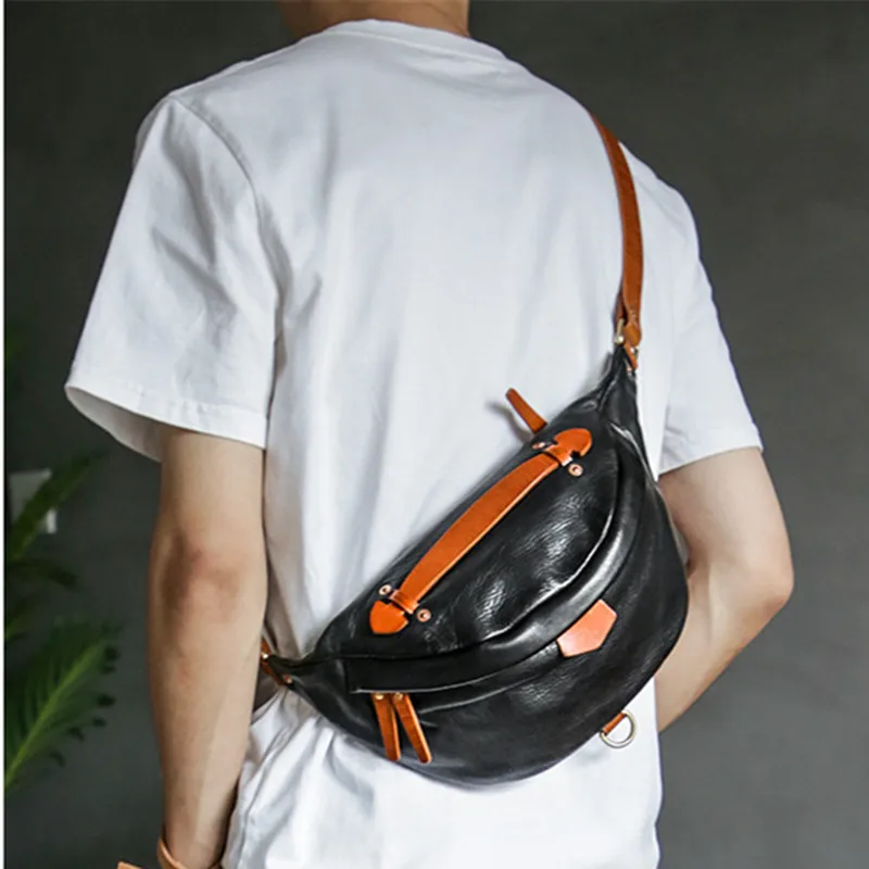 

Vintage fashion natural real leather men chest bag simple casual handmade designer top cowhide youth diagonal small handbag