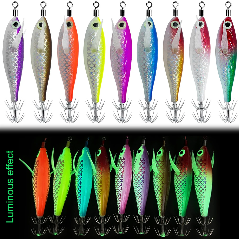 Luminous Squid Hook Squid Fishing Lure with 3D Eyes Cuttlefish Attracting Lure Glow In The Dark Squid Bait for Night Fishing