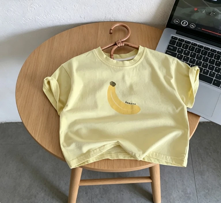 Children Cute Apple And Banana Print T Shirts Toddler Short Sleeve Tops Minimalist Fruit Graphics Kid Sport Casual Tees Baby Top