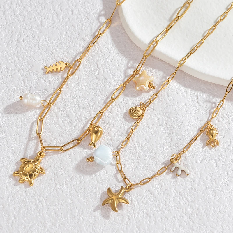 Letdiffery Fashion Ceramics Fish Shell Starfish Necklace for Women Girls Stainless Steel Ocean Life Pendant Beach Boho Jewelry