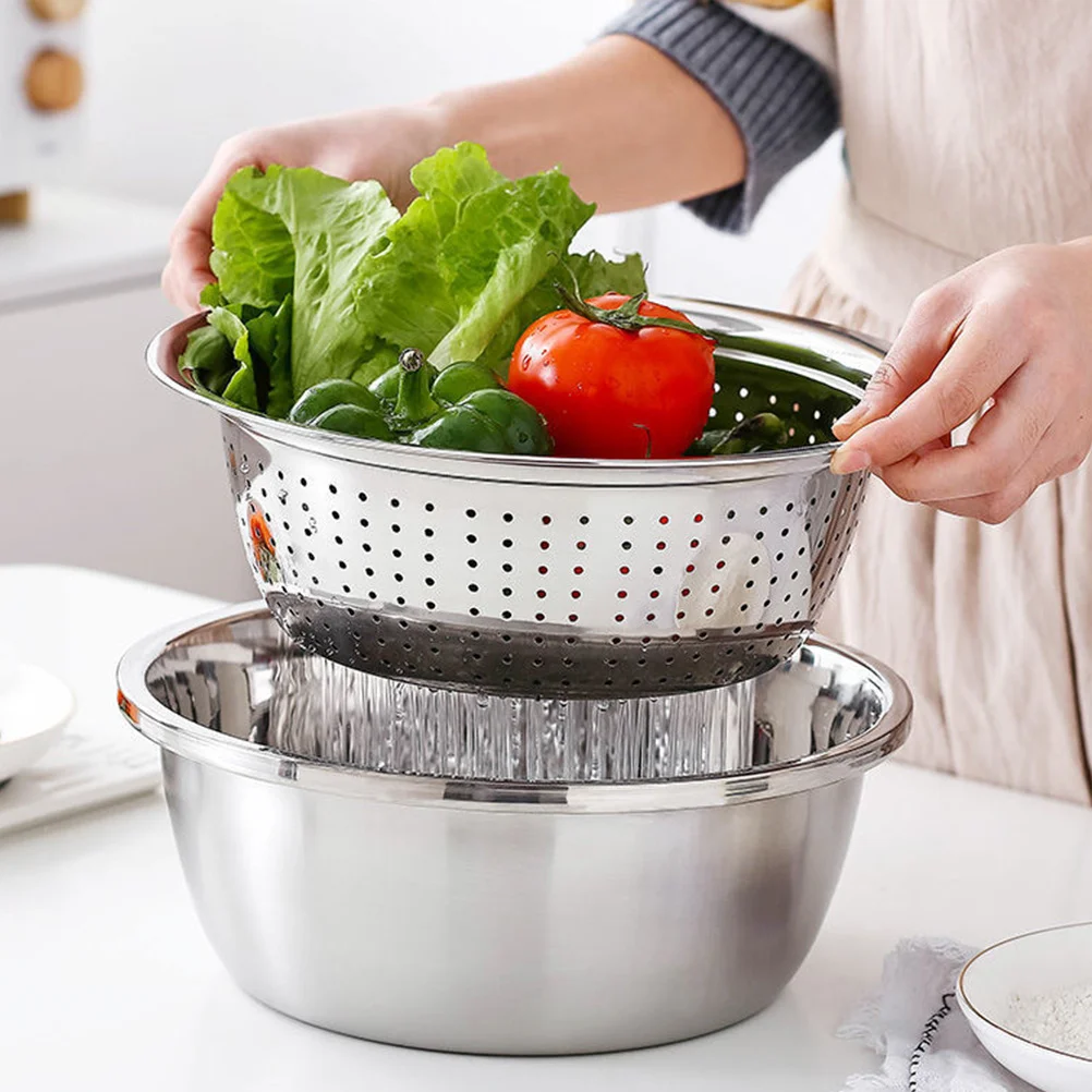 

Stainless Steel Colander Set 3-In-1 Vegetable Grater Strainer Bowl For Washing Fruits Salad Rice Julienne Slicer Kitchen