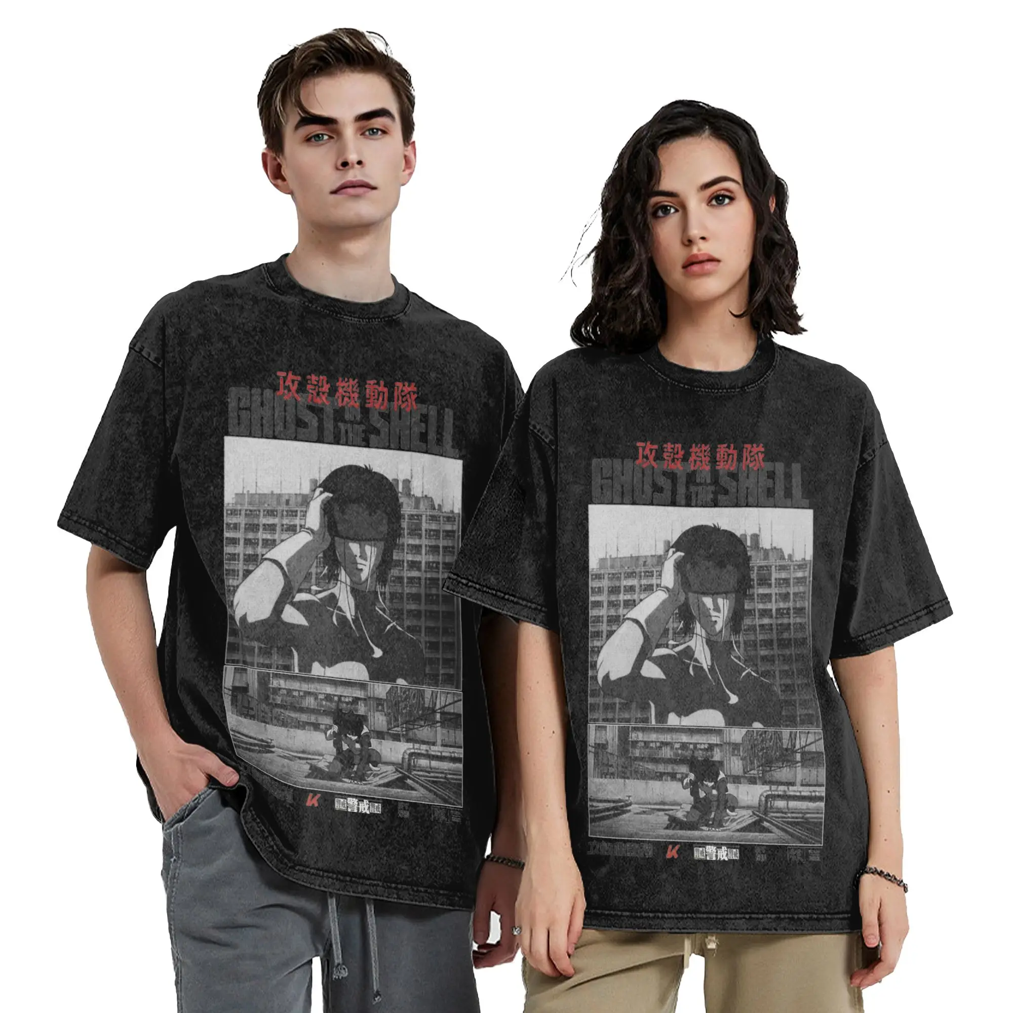 Ghost in the Shell  Vintage Washed T Shirt Cotton Novelty T-Shirts Crewneck Major Motoko Kusanagi Tees Short Sleeve Clothes