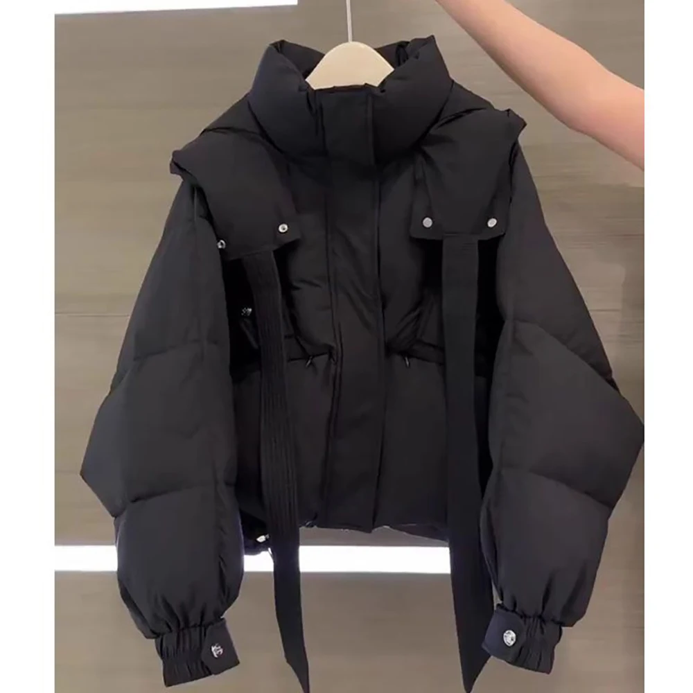 Winter Black Cotton Padded Coats for Women Casual Loose Thick Warm Hooded Cotton Jackets Short Outerwear Snow Wear Parkas