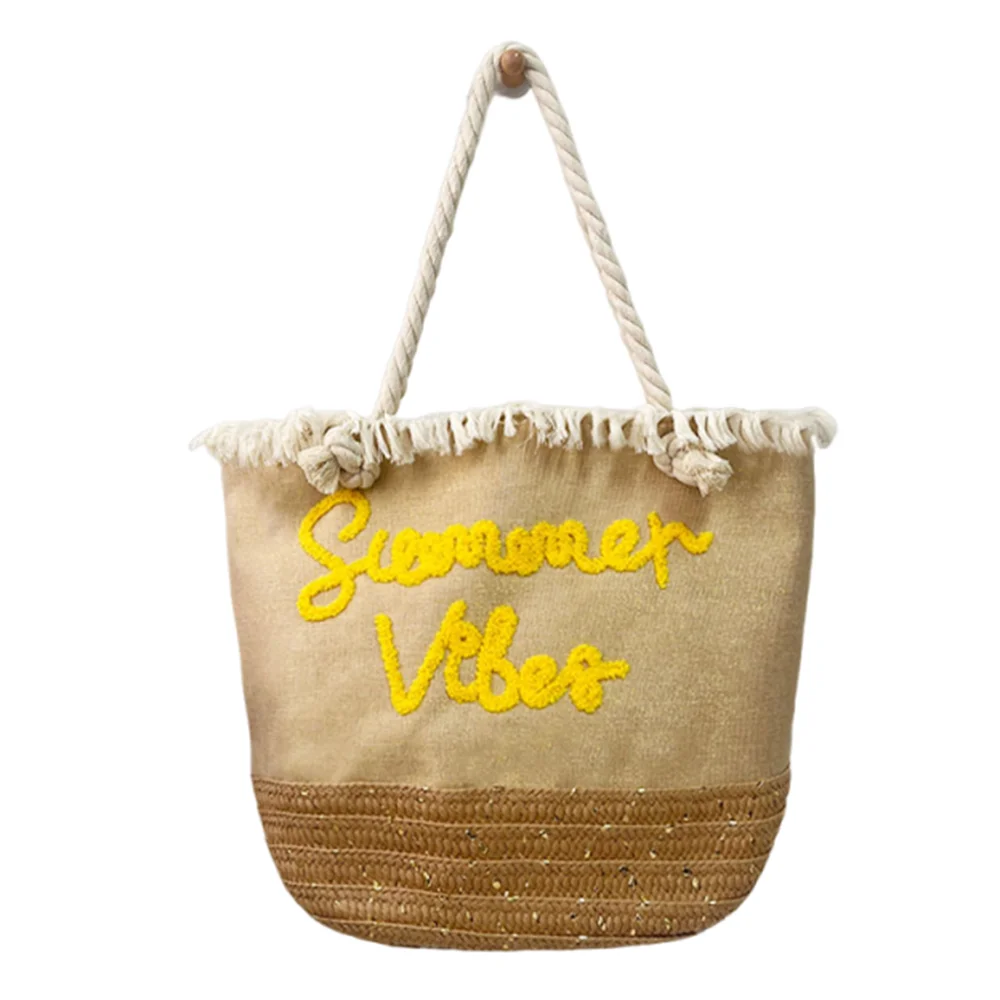 

Stripes Straw Woven Handbag Large Capacity Soft Beach Weave Tote Bag Letter Embroidery Fashion Sundries Storage Bag Girls