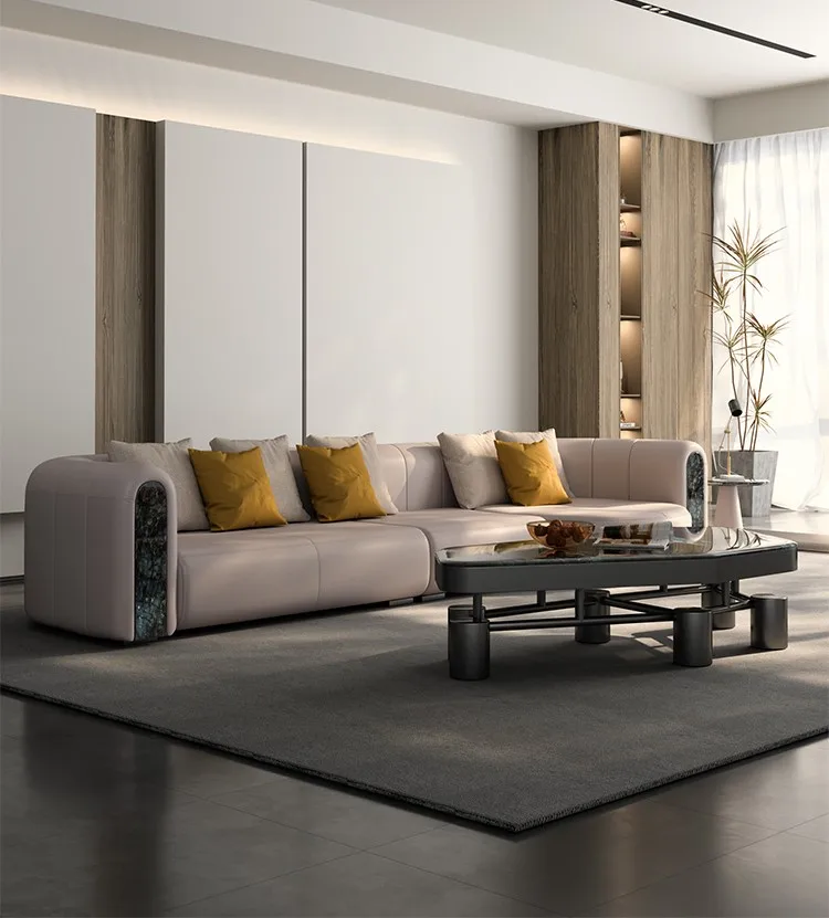 Italian minimalist leather sofa, cowhide top layer, post-modern straight-line living room, light luxury sofa, four seats