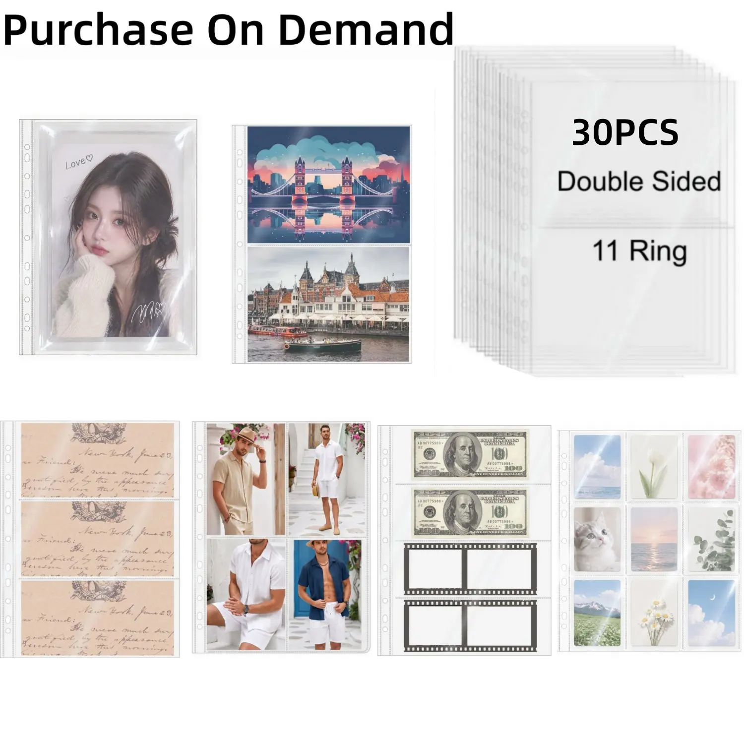 30PCS A4 Binder Clear Photo Album Pages 1/2/3/4/9Pocket 11 Holes  PVC Free Transparent Loose Leaf Binder for Sport Game Cards