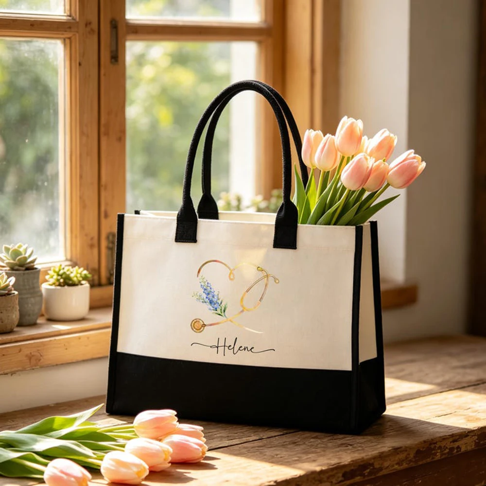 

Stethoscope Nurse Tote Bag Personalized Nurse Name Bag Canvas Tote Bag Goldern Heart Healthcare Worker Gift Travel Shopping Bag